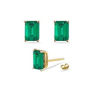 0.48-0.52 Cts of 5x3 mm AAA Emerald-Cut Russian Lab Created Emerald Stud Earrings in 14K Yellow Gold