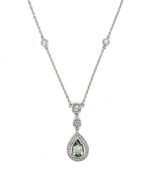 14K White Gold Pear Cut Green Amethyst & Diamond Necklace