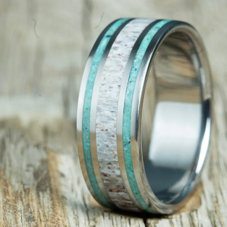 Antler with double turquoise pinstripe wedding band