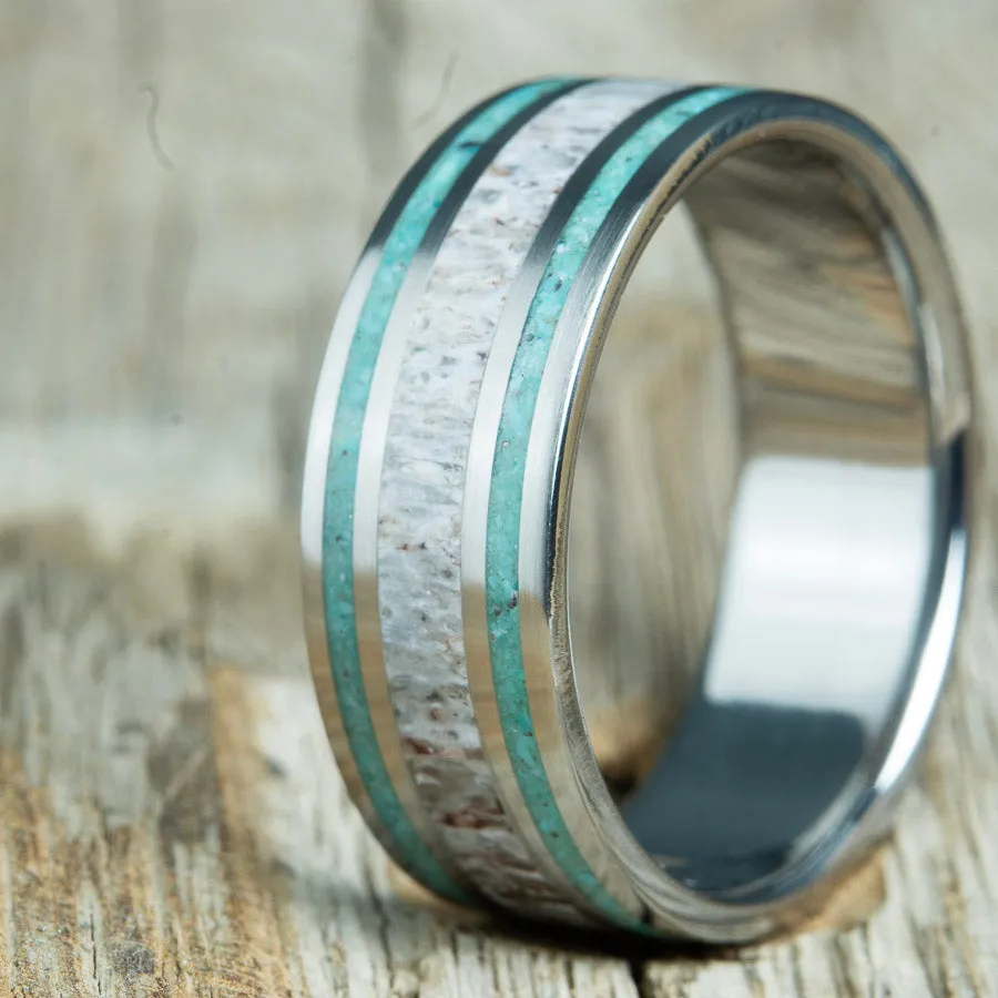 Antler with double turquoise pinstripe wedding band