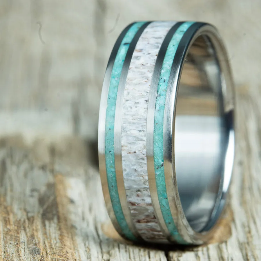 Antler with double turquoise pinstripe wedding band