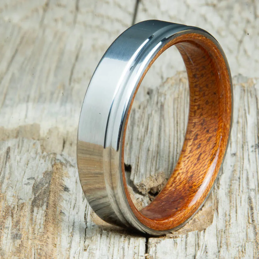 Bentwood Acacia wedding ring with 6mm polished offset groove titanium