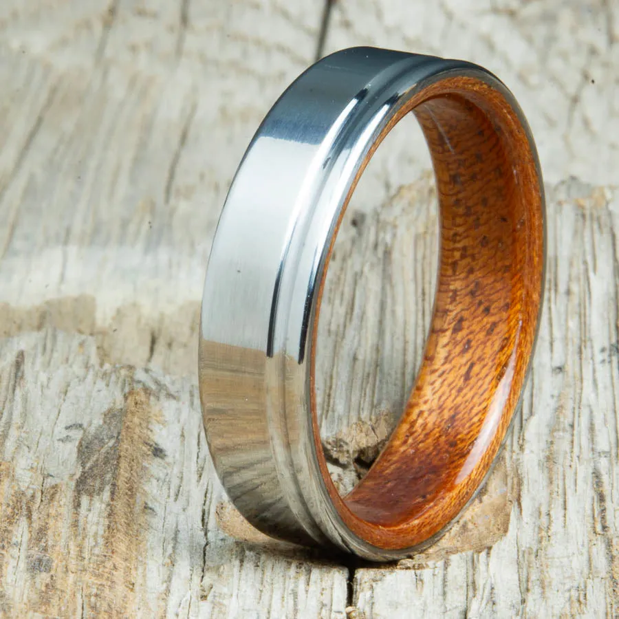 Bentwood Acacia wedding ring with 6mm polished offset groove titanium