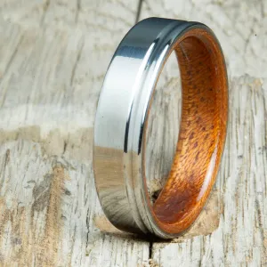 Bentwood Acacia wedding ring with 6mm polished offset groove titanium
