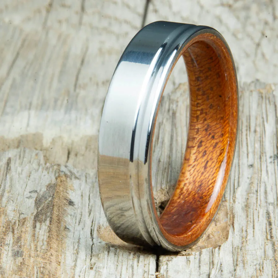Bentwood Acacia wedding ring with 6mm polished offset groove titanium