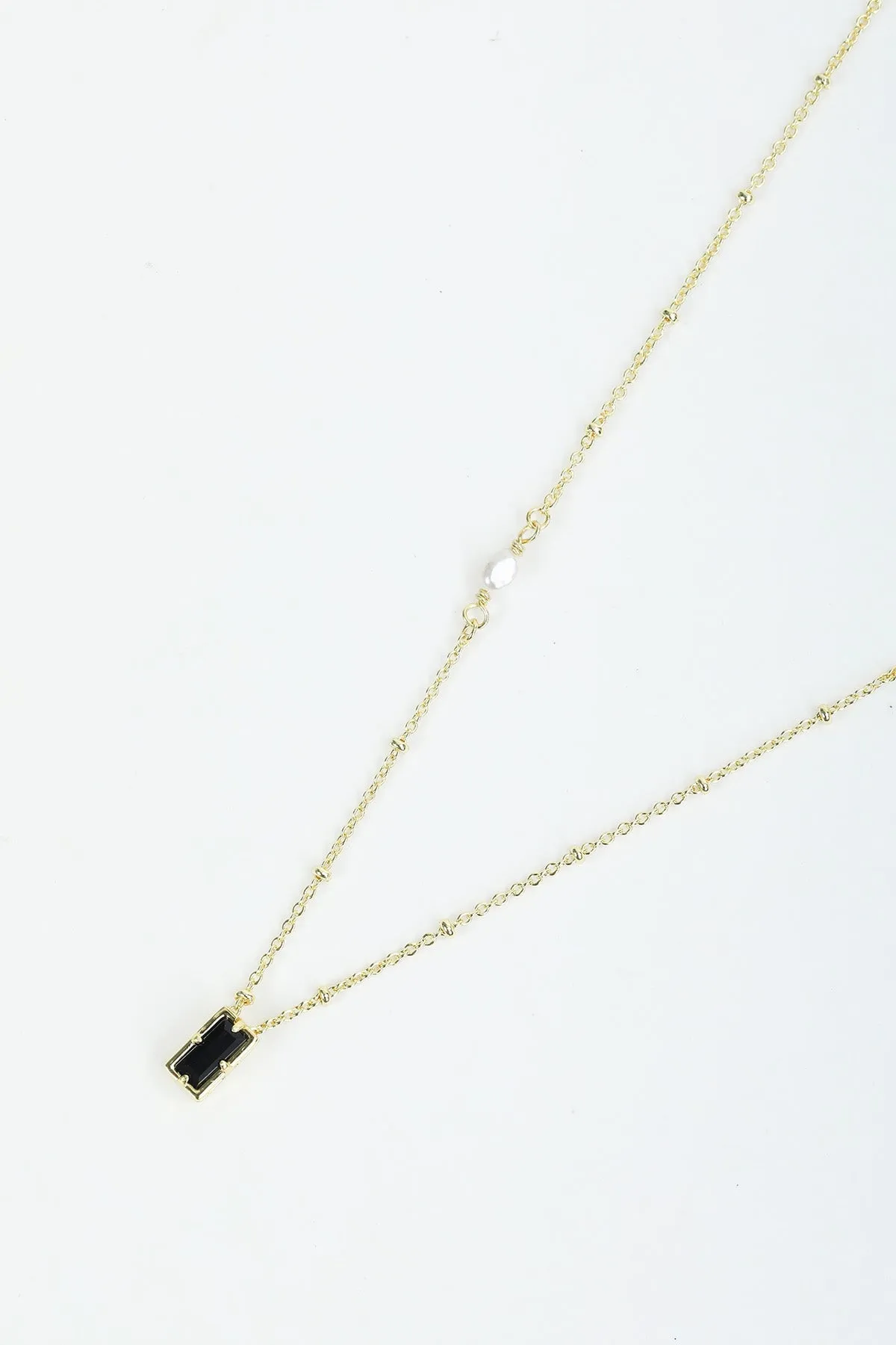 Black Stone & Pearl Pendant Gold Necklace