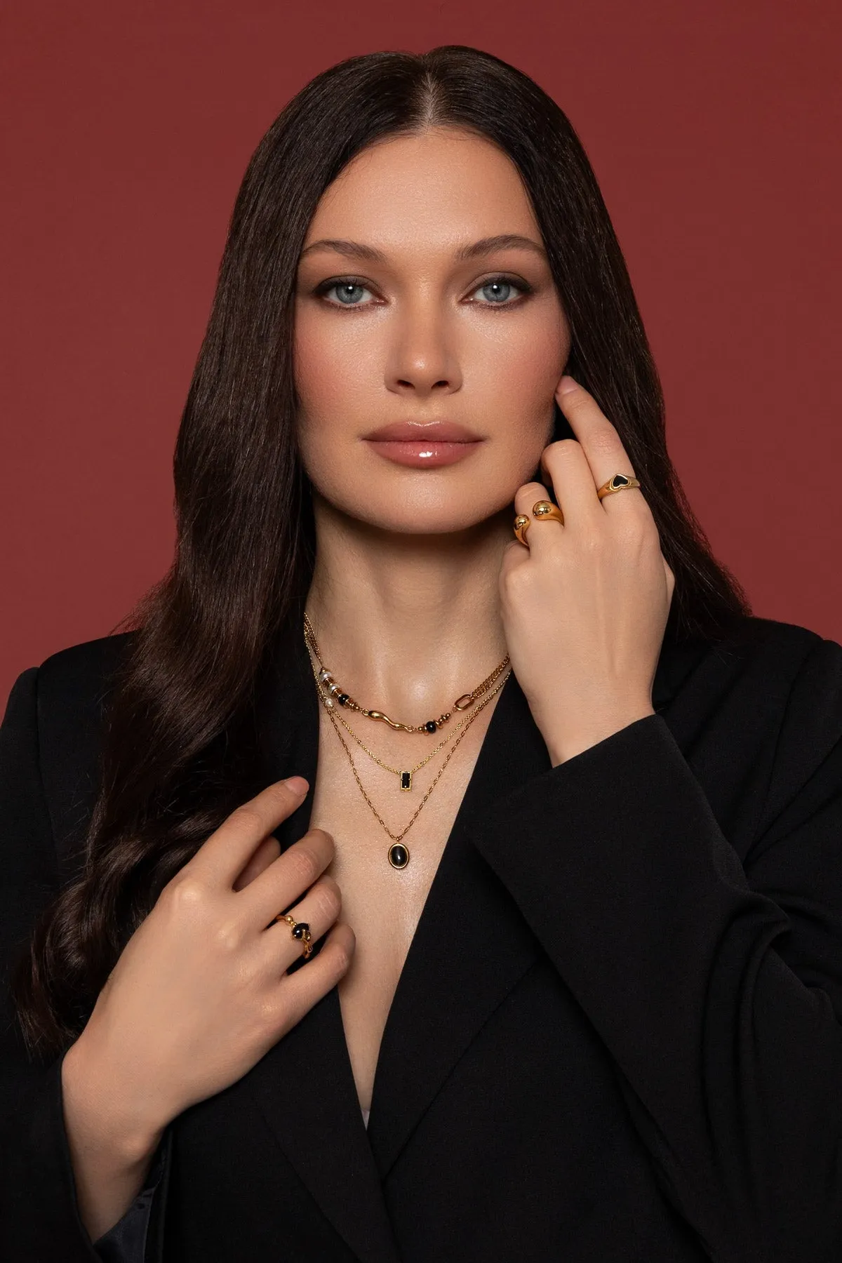 Black Stone & Pearl Pendant Gold Necklace