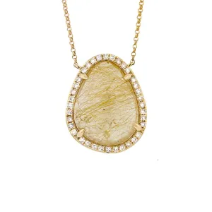 Diamond & 10.93ct Golden Line Quartz 14k Yellow Gold Necklace - 0.28ct