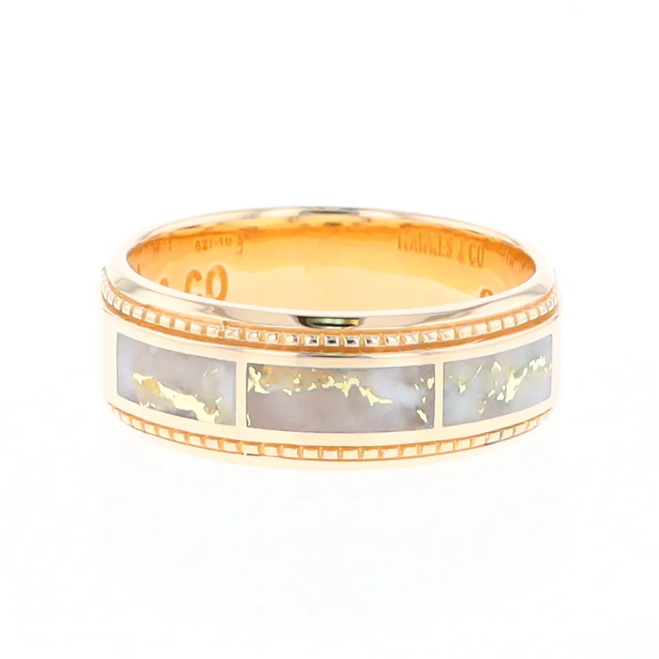 Gold Quartz Ring 3 Section Rectangle Inlaid Milgrain Border Band