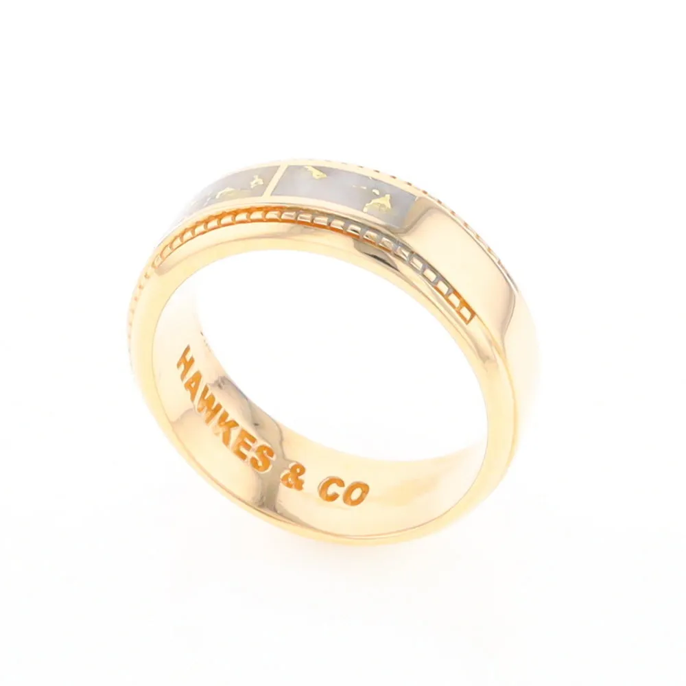 Gold Quartz Ring 3 Section Rectangle Inlaid Milgrain Border Band