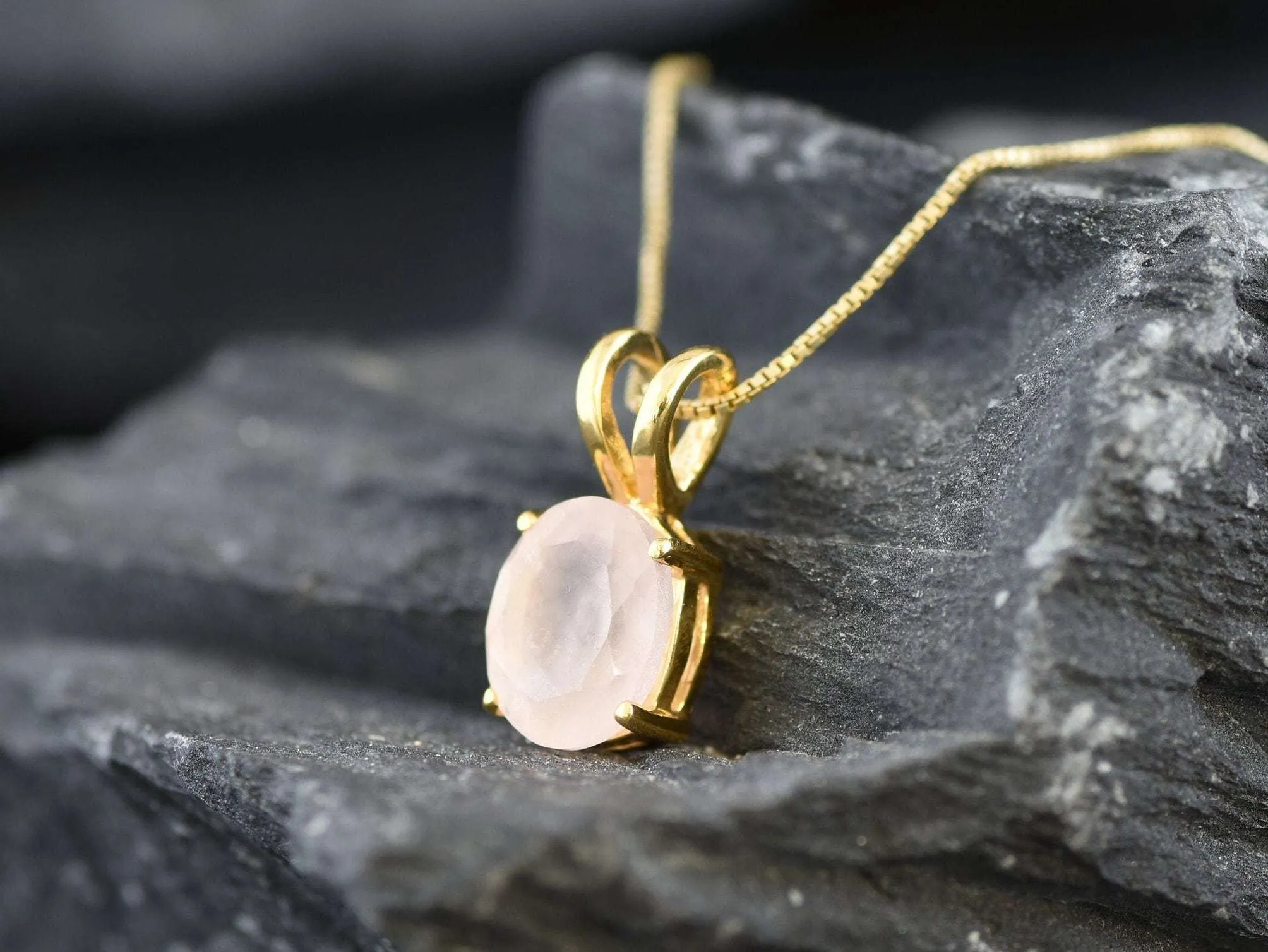 Gold Rose Quartz Necklace - Natural Rose Quartz Necklace - Pink Solitaire Pendant