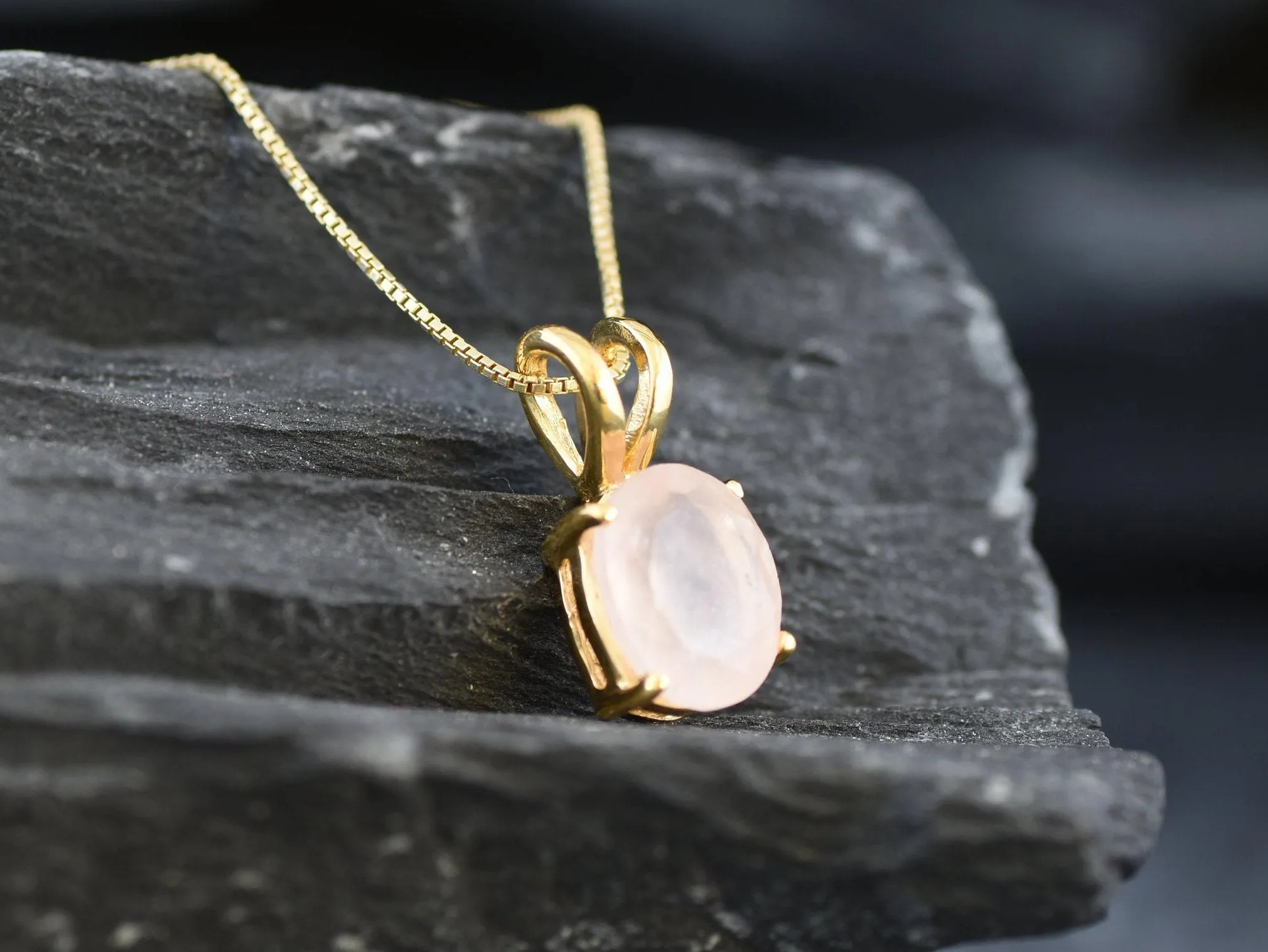 Gold Rose Quartz Necklace - Natural Rose Quartz Necklace - Pink Solitaire Pendant