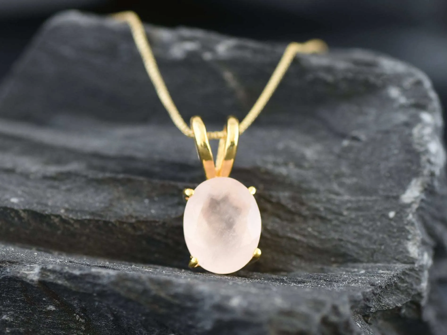 Gold Rose Quartz Necklace - Natural Rose Quartz Necklace - Pink Solitaire Pendant