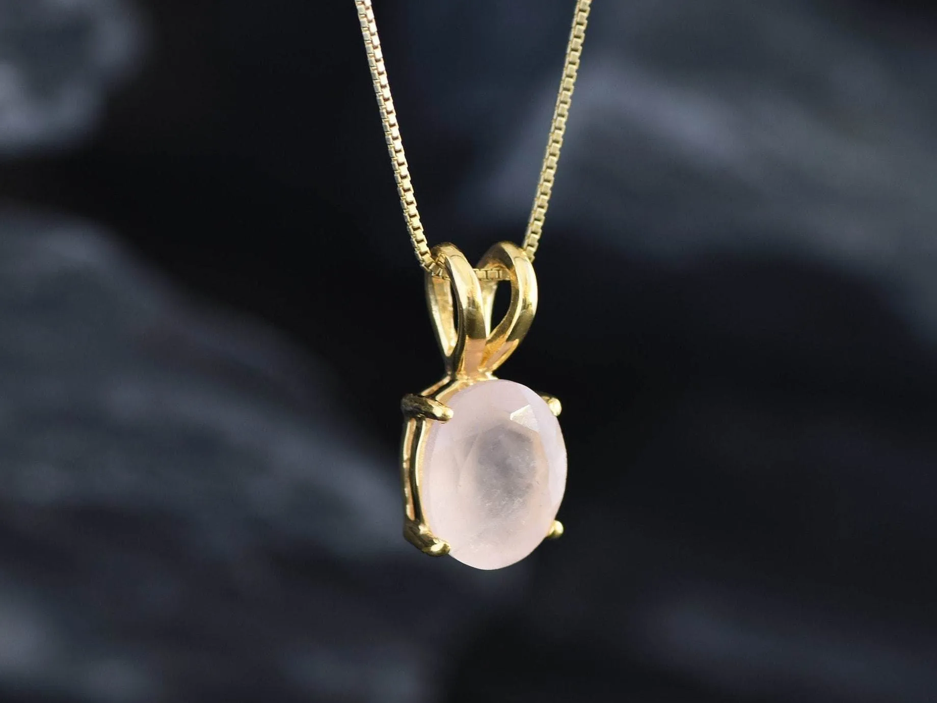 Gold Rose Quartz Necklace - Natural Rose Quartz Necklace - Pink Solitaire Pendant