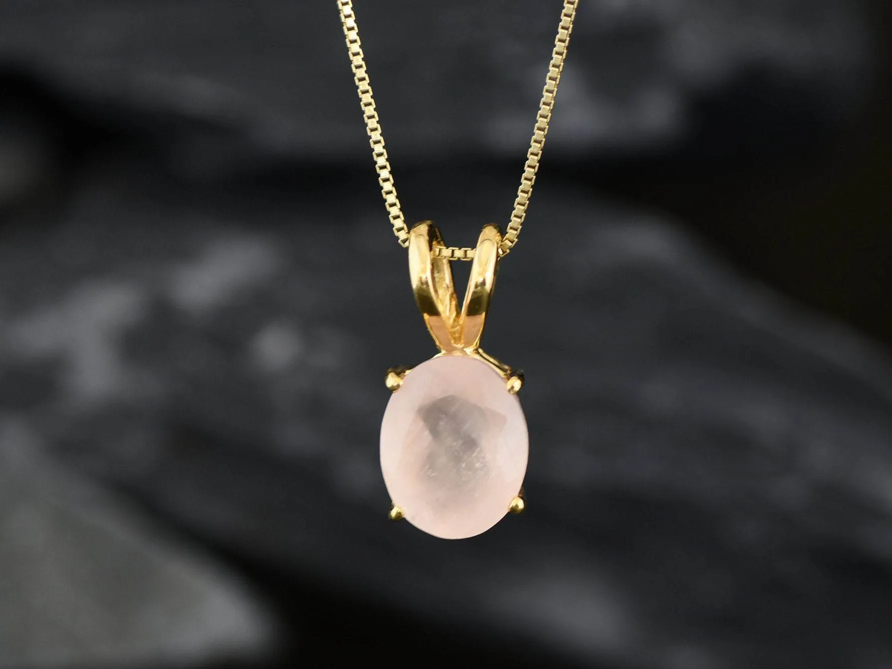 Gold Rose Quartz Necklace - Natural Rose Quartz Necklace - Pink Solitaire Pendant