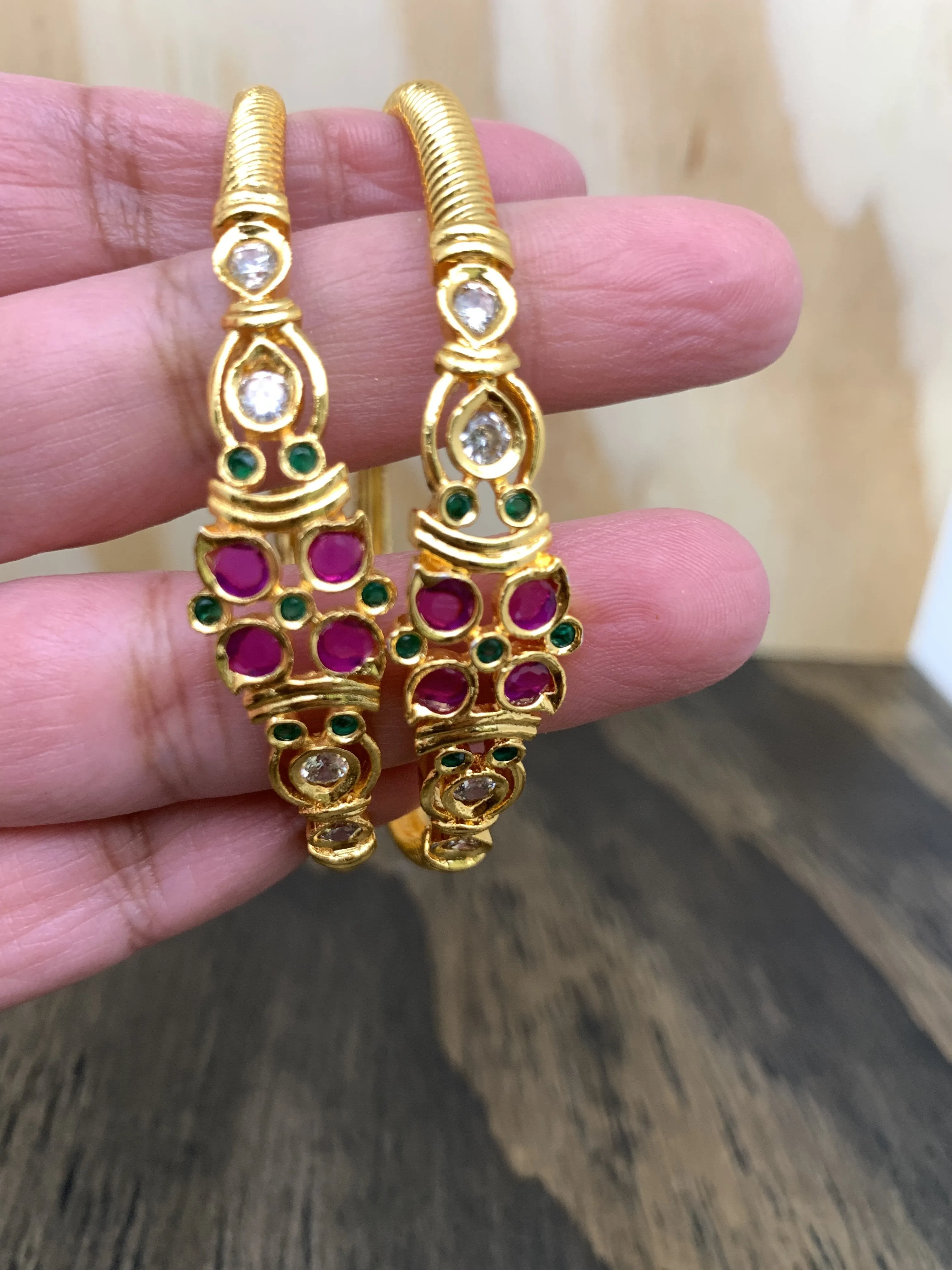 Golden Kada Style Red Kemp and CZ Bangle