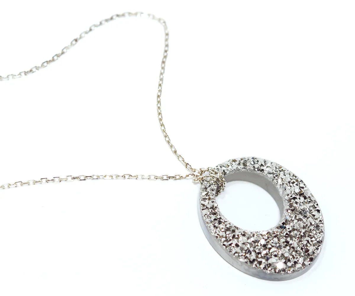 Open Oval Platinum Druzy Necklace