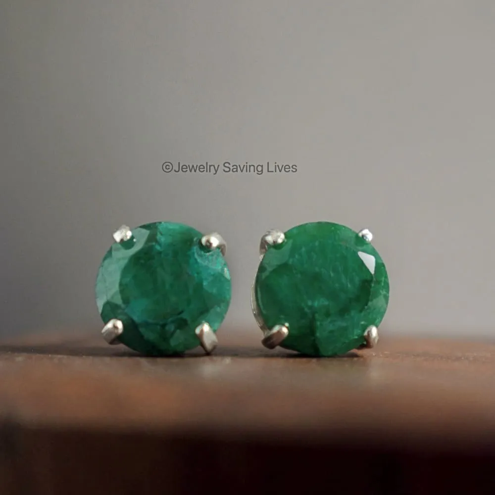 Round Natural Emerald Stud Earrings