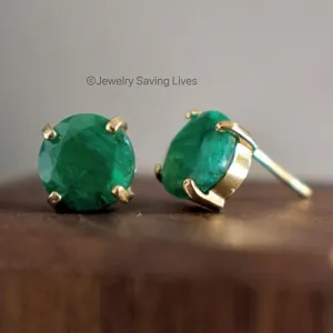 Round Natural Emerald Stud Earrings