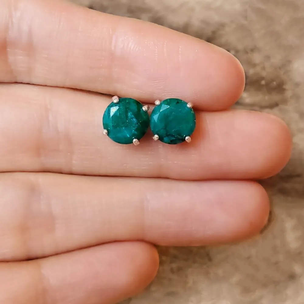 Round Natural Emerald Stud Earrings