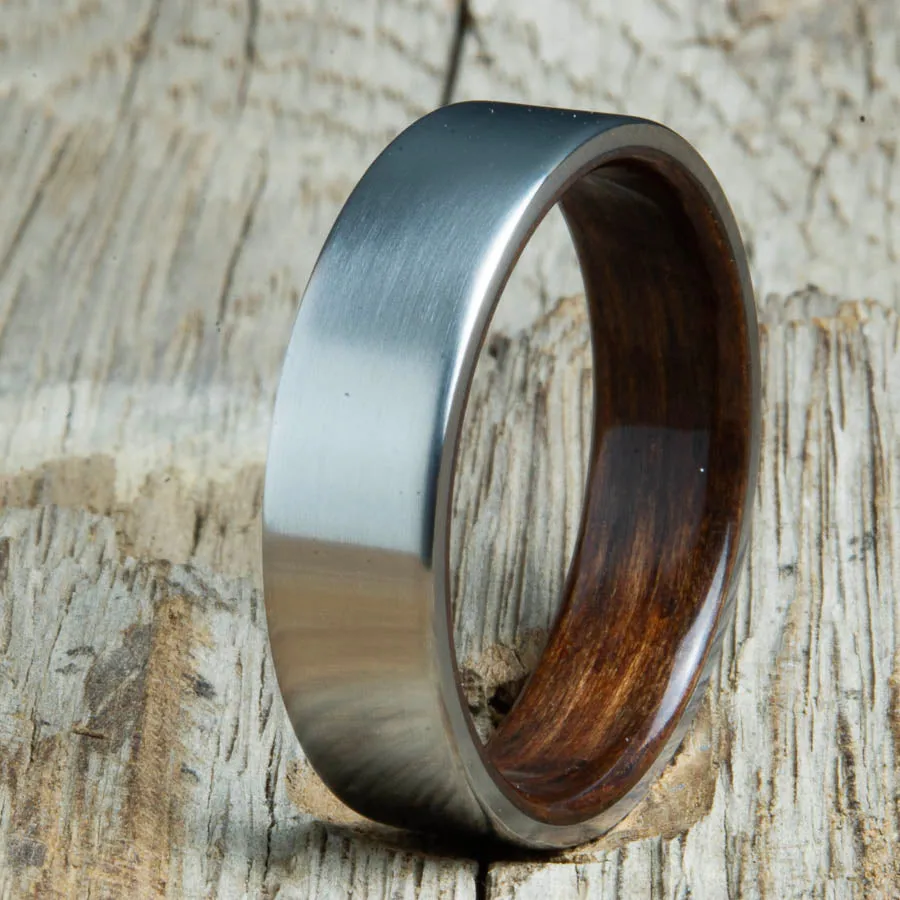 Satin titanium ebony wood lined ring