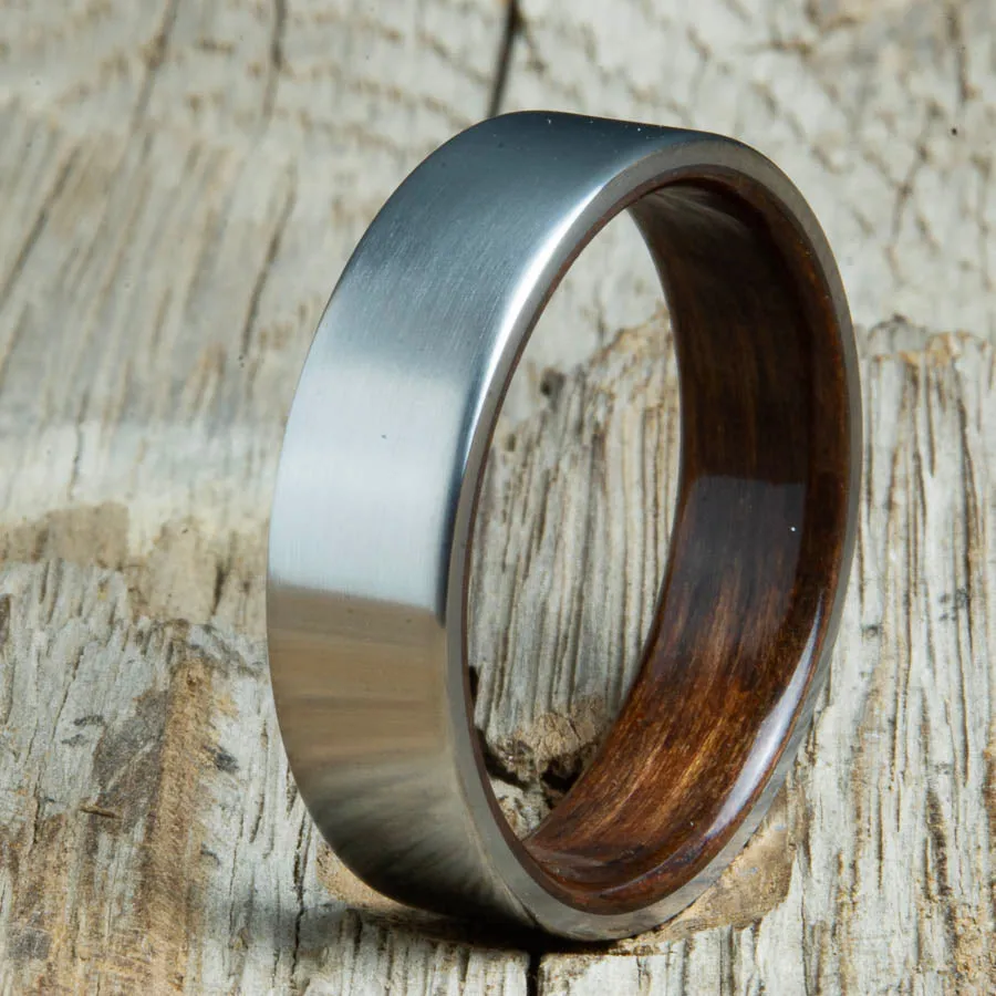 Satin titanium ebony wood lined ring