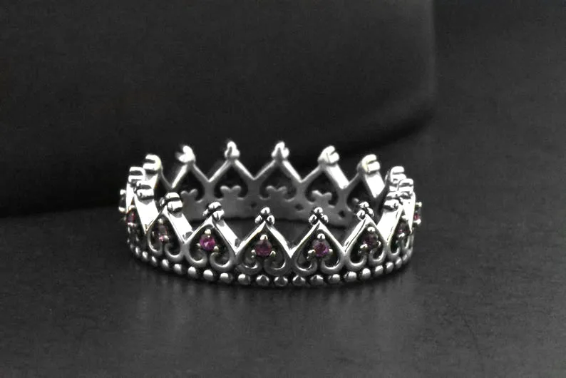 Sterling Silver Created Pink Sapphire Eternity Crown Heart Ring Band