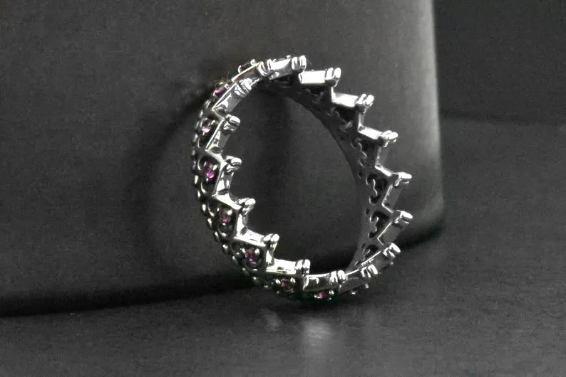Sterling Silver Created Pink Sapphire Eternity Crown Heart Ring Band