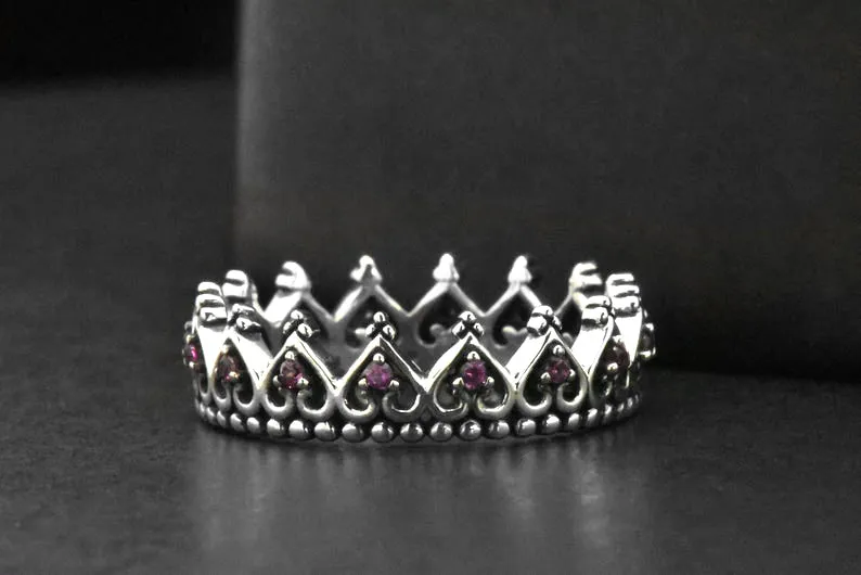 Sterling Silver Created Pink Sapphire Eternity Crown Heart Ring Band