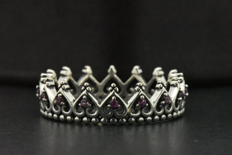 Sterling Silver Created Pink Sapphire Eternity Crown Heart Ring Band