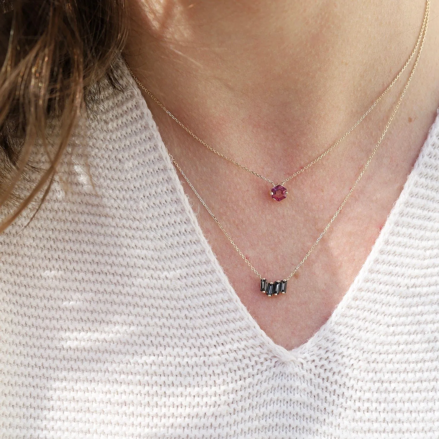 Yellow Gold Mini Zig Zag Black Night Quartz Bar Necklace