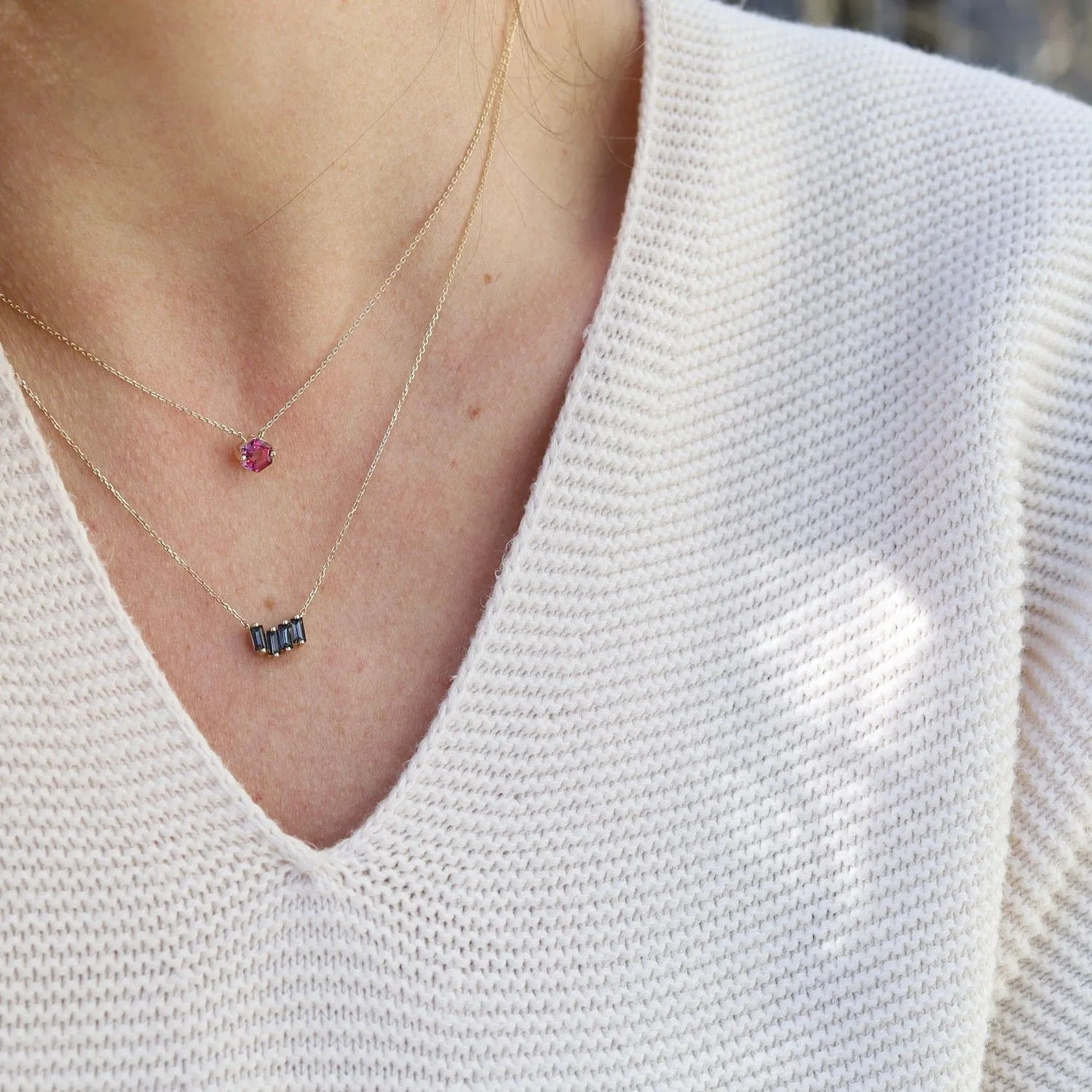 Yellow Gold Mini Zig Zag Black Night Quartz Bar Necklace
